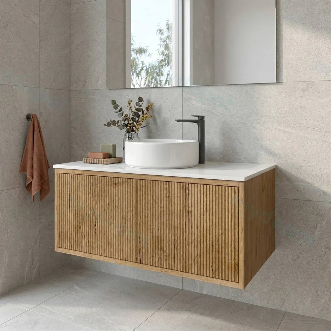 Kiama Slim 900mm Prime Oak One Right Drawer One Left Door Narrow Wall Hung Vanity Cabinet Only view 2