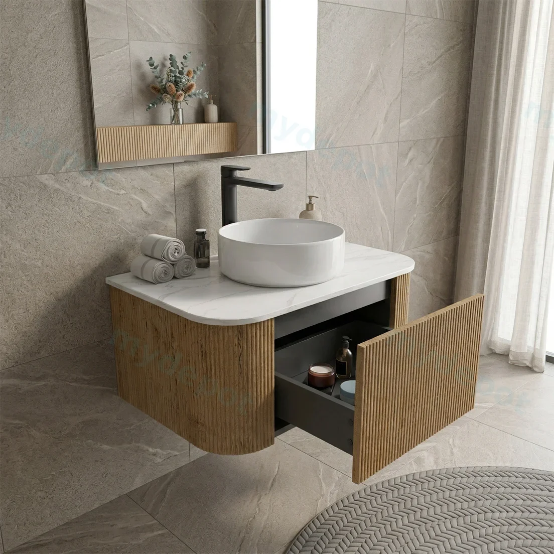Kiama 750mm Prime Oak One Drawer Curved Wall Hung Vanity Cabinet Only view 2