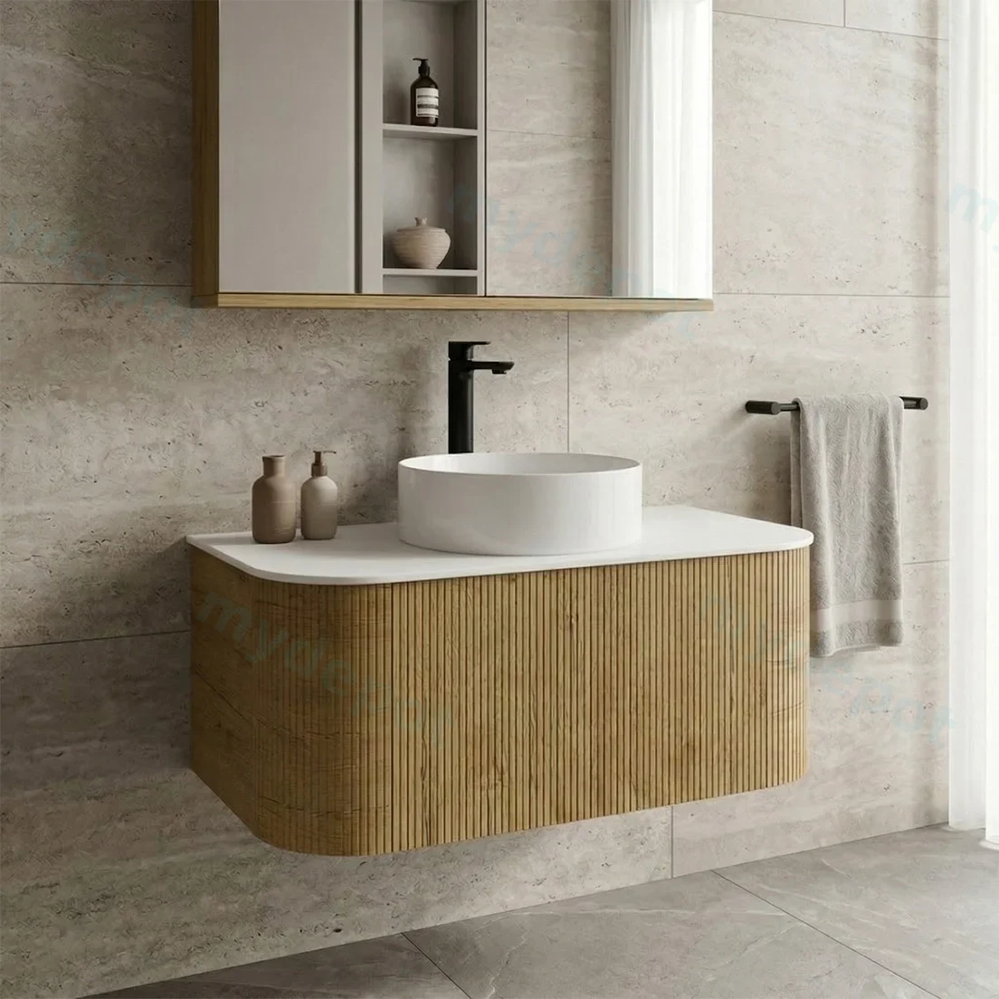 Kiama 900mm Prime Oak One Drawer Curved Wall Hung Vanity Cabinet Only view 2
