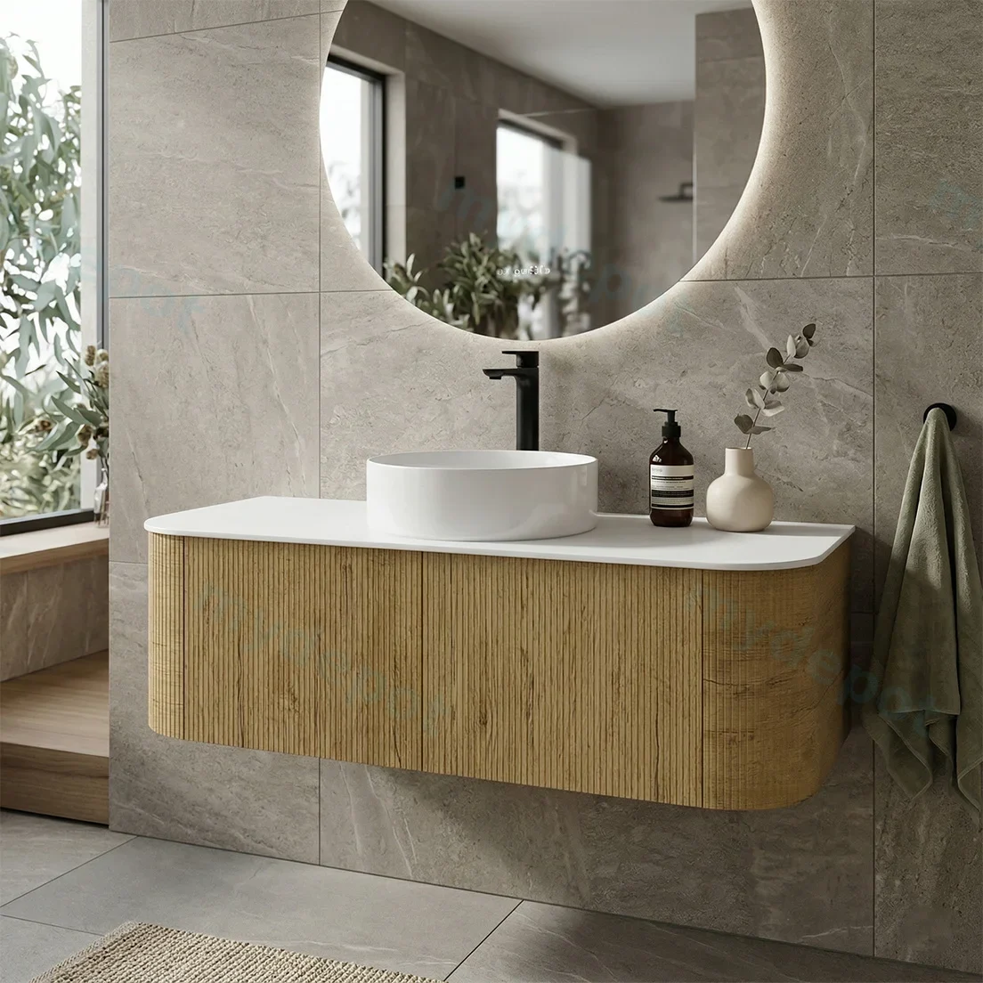Kiama 1200mm Prime Oak Two Drawers Curved Wall Hung Vanity Cabinet Only view 2