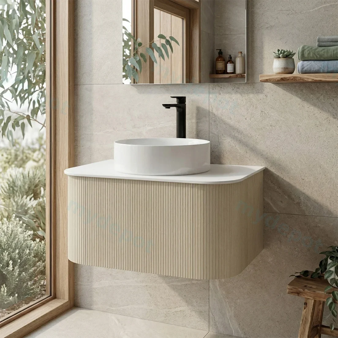 Kiama 750mm Coastal Oak One Drawer Curved Wall Hung Vanity Cabinet Only view 2