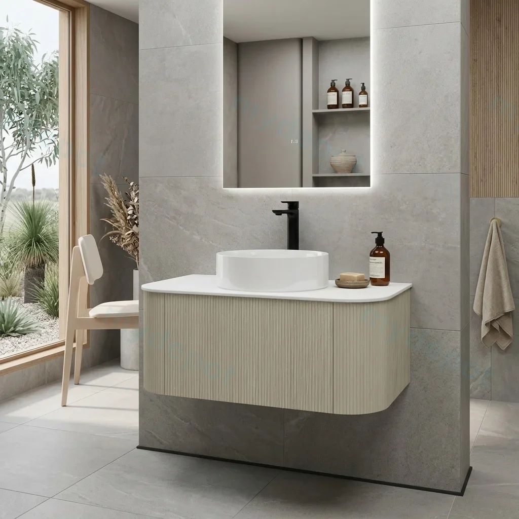 Kiama 900mm Coastal Oak One Drawer Curved Wall Hung Vanity Cabinet Only view 2