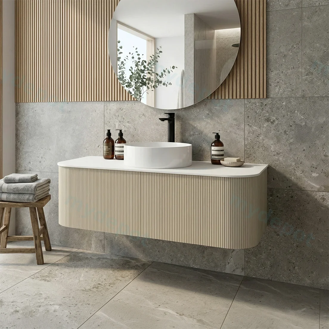 Kiama 1200mm Coastal Oak Two Drawers Curved Wall Hung Vanity Cabinet Only view 2