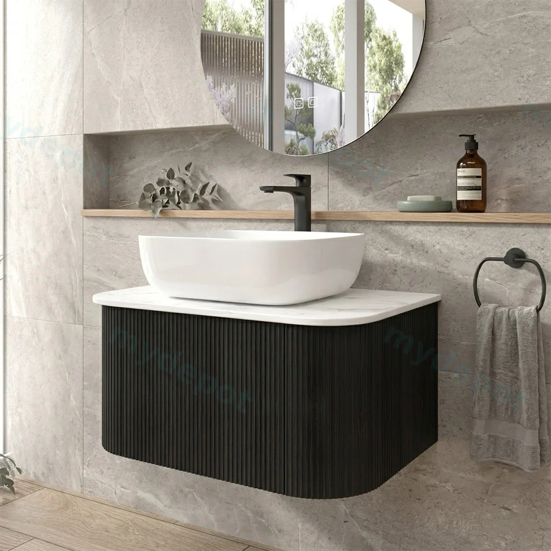 Kiama 750mm Bottega Oak One Drawer Curved Wall Hung Vanity Cabinet Only view 3