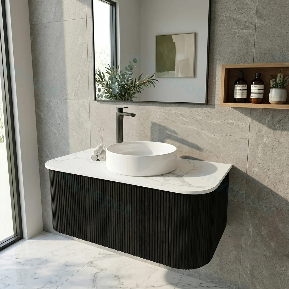 Kiama 900mm Bottega Oak One Drawer Curved Wall Hung Vanity Cabinet Only view 2