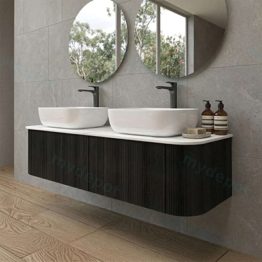 1500mm Kiama Bottega Oak Two Drawers Curved Wall Hung Vanity Cabinet Only view 2