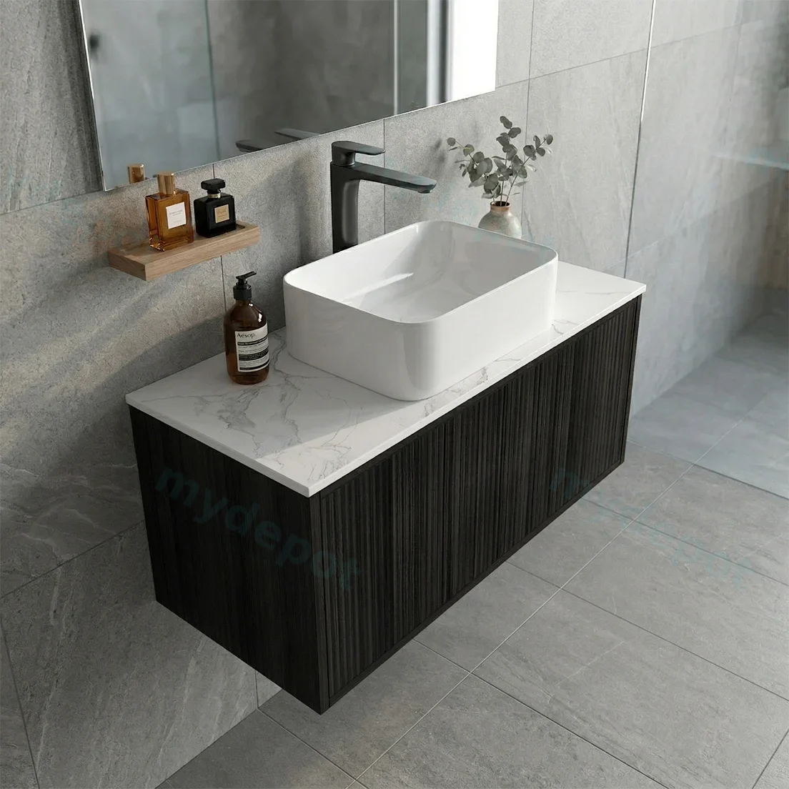 Kiama Slim 900mm Bottega Oak One Left Drawer One Right Door Narrow Wall Hung Vanity Cabinet Only view 2