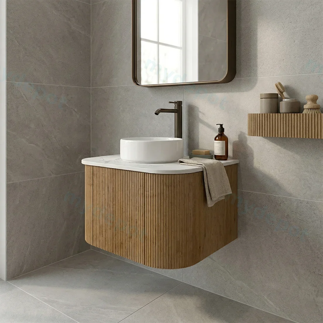 Kiama 600mm Prime Oak One Door Curved Wall Hung Vanity Cabinet Only view 2