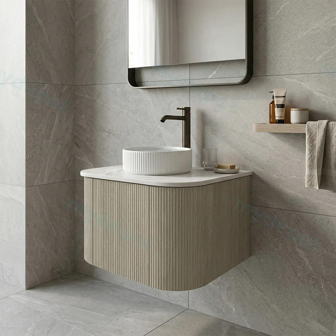 Kiama 600mm Coastal Oak One Door Curved Wall Hung Vanity Cabinet Only view 2