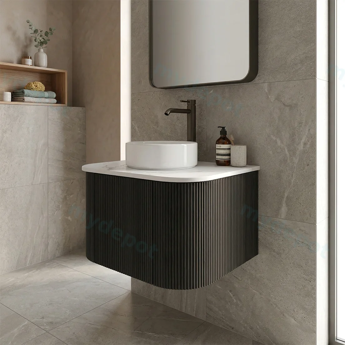 Kiama 600mm Bottega Oak One Door Curved Wall Hung Vanity Cabinet Only view 2