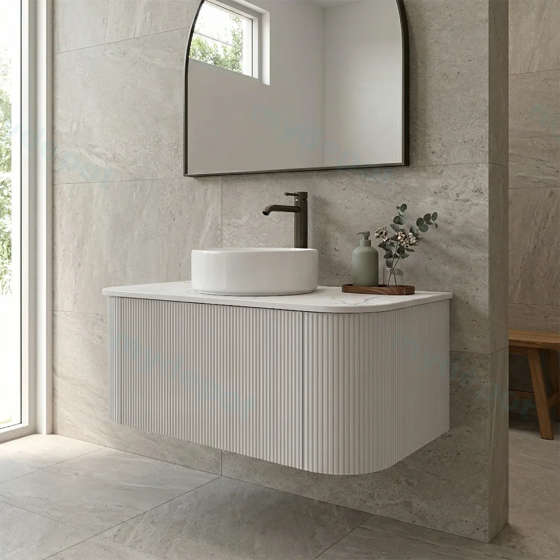 Kiama 900mm Matte White One Drawer Curved Wall Hung Vanity Cabinet Only view 2