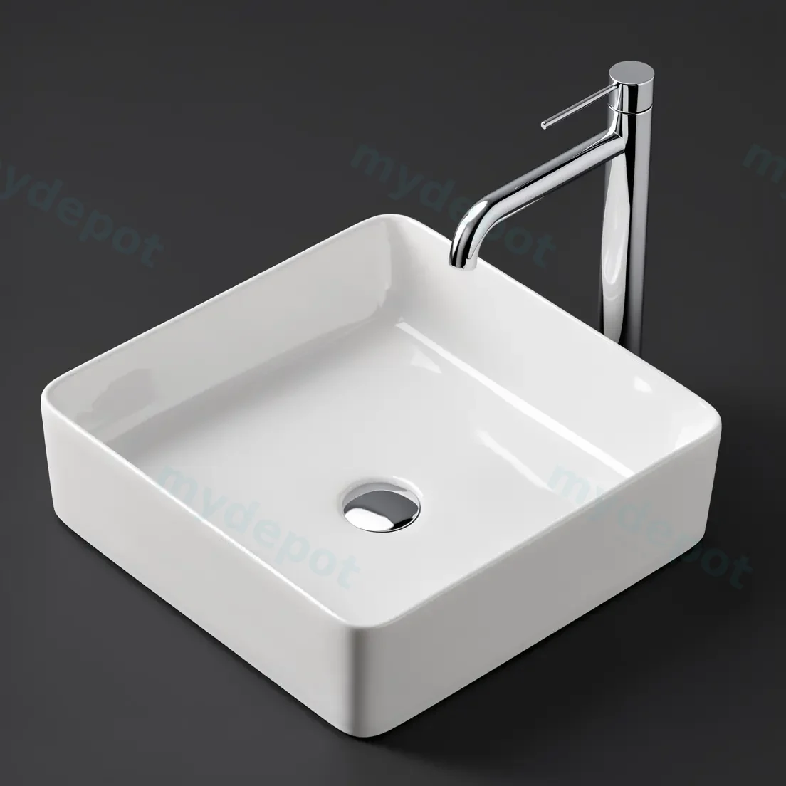 370x370x135mm Square Gloss White Ceramic Above Counter Basin Non-overflow view 2