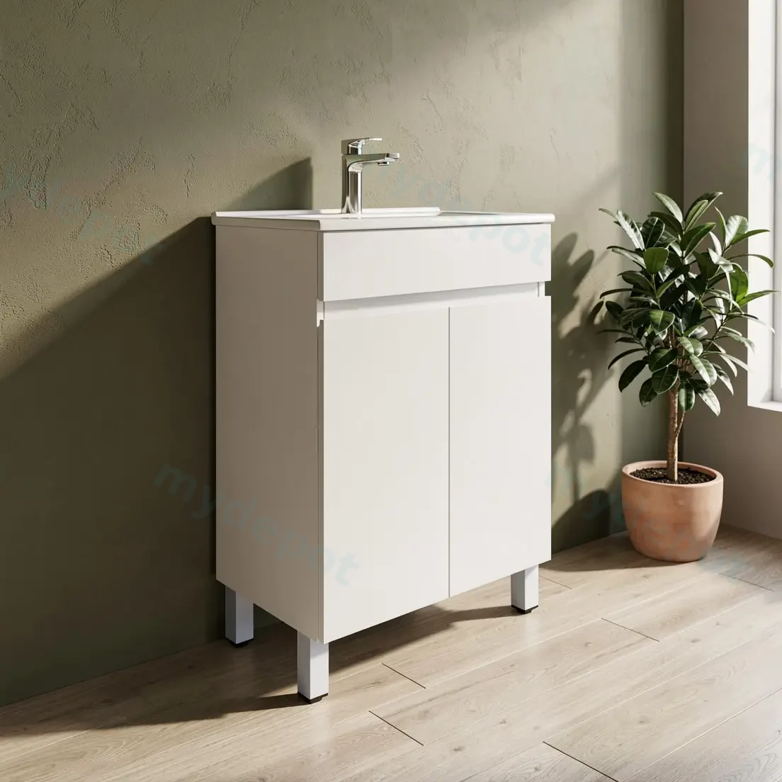 600mm Narrow Gloss White MDF 2 Doors Freestanding Bathroom Vanity Cabinet Only view 3