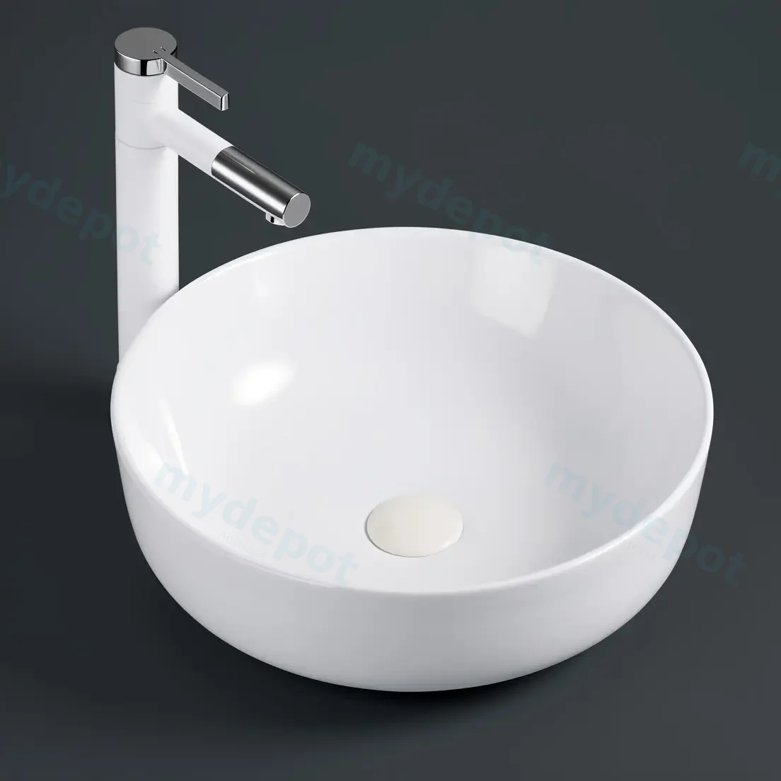 420x420x140mm Round Gloss White Ceramic Above Counter Basin Non-overflow view 3