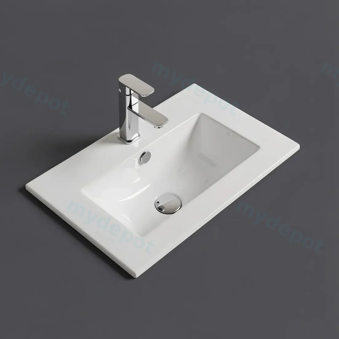 760*365*165mm Gloss White Crete Fine Ceramic Slim Counter Top One Tap Hole Overflow,32mm Waste view 2