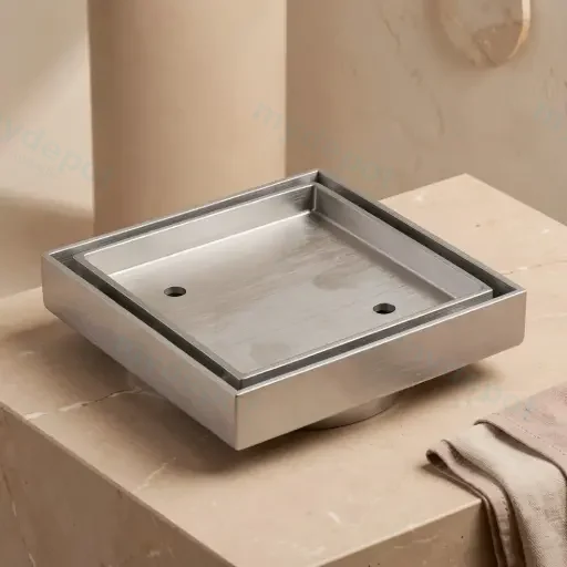 115X115mm Brushed Chrome Slim Square Tile Insert Floor Drain(90mm Outlet)