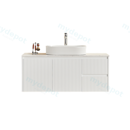 1190X455X480mm Matte White Crete Modern Fluted Wall Hung Vanity PVC Cabinet,Right Hand Drawers