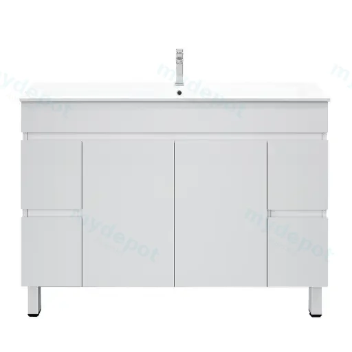 1200*450*830mm Freestangding Gloss White Vanity With Doublee Ceramic Top