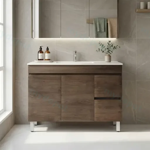 1200mm Dark Oak MDF Freestanding Bathroom Vanity Cabinet Only Right Drawer PVC Vacuum Filmed
