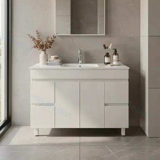 1200mm Gloss White MDF 2 Middle Doors 4 Side Drawers Freestanding Bathroom Vanity Cabinet Only