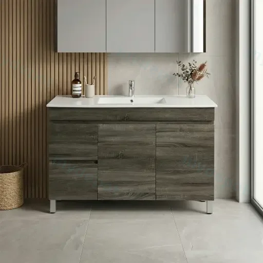 1200mm Dark Grey MDF Freestanding Bathroom Vanity Cabinet Only Left Drawer PVC Vacuum Filmed