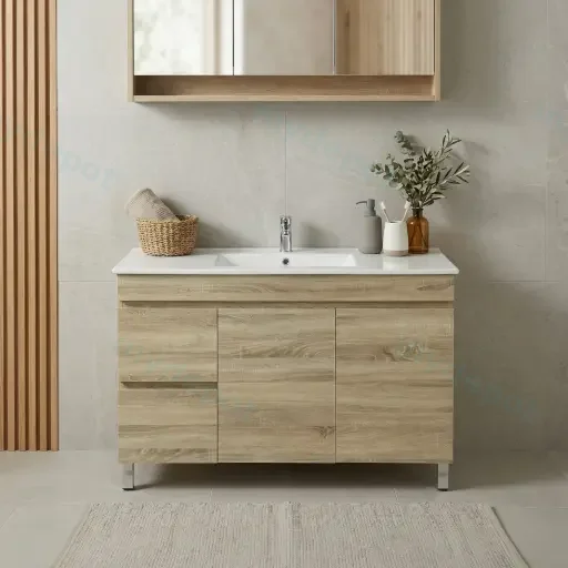 1200mm White Oak MDF Freestanding Bathroom Vanity Cabinet Only Left Drawer PVC Vacuum Filmed