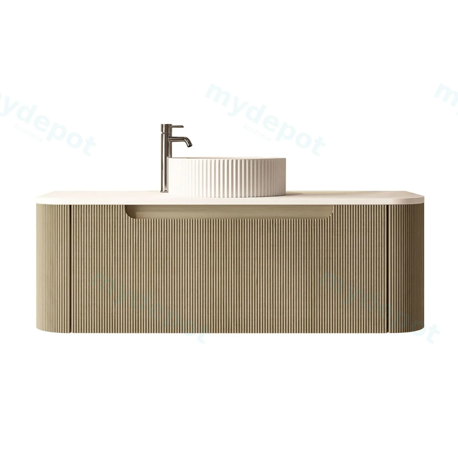 1200x460x400mm Rome Bur Oak Round Edge Grooved Wall Hung MDF Vanity With White Quartz Stone Top One Soft Closing Drawer
