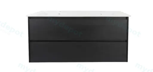 1200x460x560mm Hera Black Oak Wall Hung MDF Vanity With Luna White Stone Top Two Soft Closing Drawers