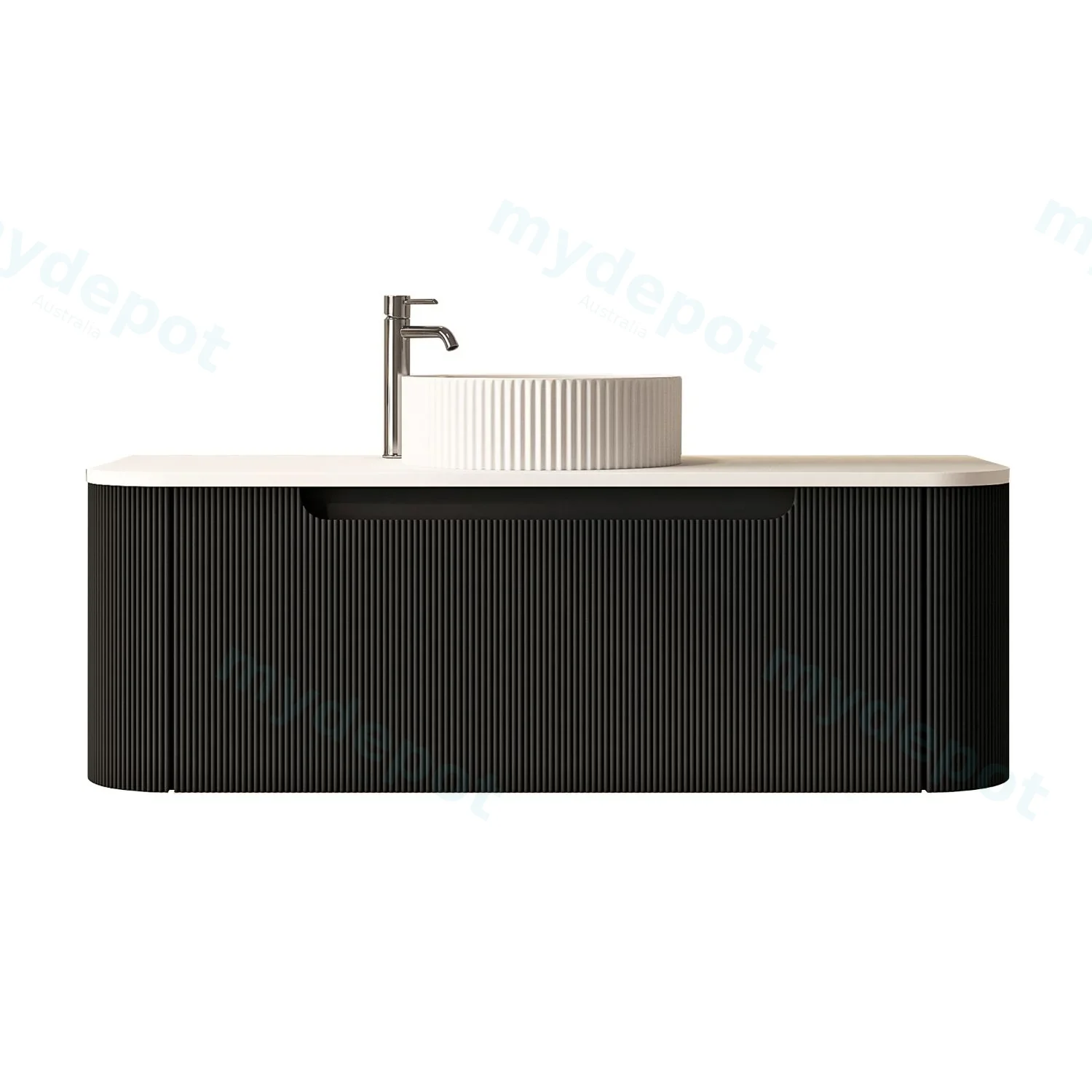 1200x460x400mm Rome Matt Black Round Edge Grooved Wall Hung MDF Vanity With White Quartz Stone Top One Soft Closing Drawer