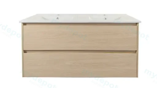 1200x460x560mm Hera Tas Oak Wall Hung MDF Vanity With Carrara White Stone Top Two Soft Closing Drawers