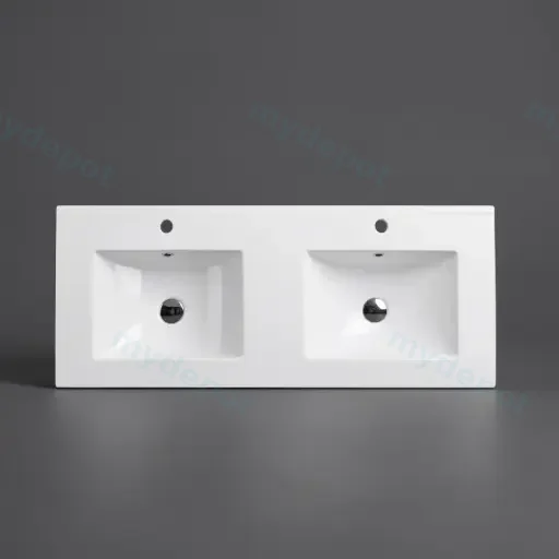 1205*470*180mm Gloss White Double Bowl Ceramic Top With Mixer Hole