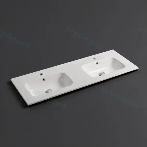 1210*460*175mm Gloss White Kliff Fine Ceramic Counter Top Double Bowl