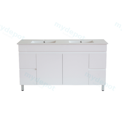 1500*450*710mm Freestangding Gloss White PVC Vanity With Double Ceramic Top