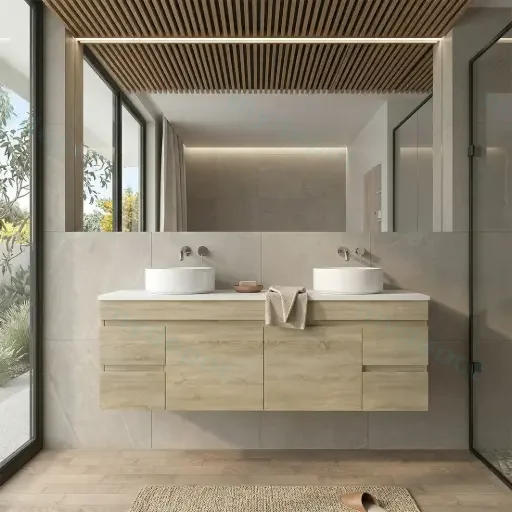 1500mm White Oak MDF Wall Hung Bathroom Vanity Cabinet Only PVC Vacuum Filmed
