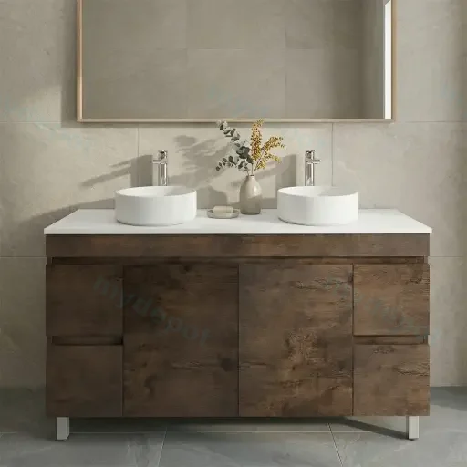 1500mm Dark Oak MDF Freestanding Bathroom Vanity Cabinet Only PVC Vacuum Filmed