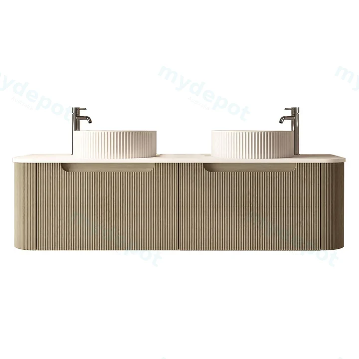 1500x460x400mm Rome Bur Oak Round Edge Grooved Wall Hung MDF Vanity With White Quartz Stone Top Two Soft Closing Drawer