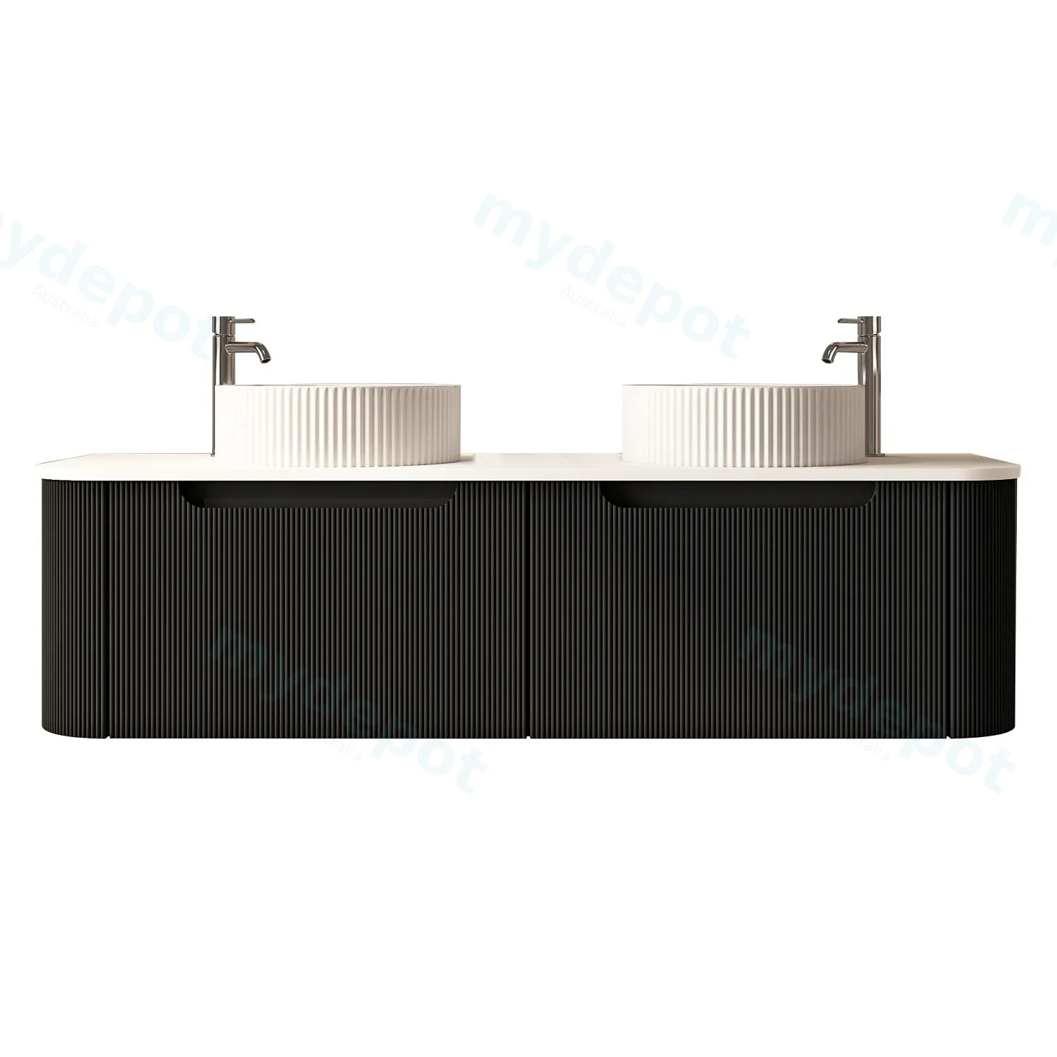 1500x460x400mm Rome Matt Black Round Edge Grooved Wall Hung MDF Vanity With White Quartz Stone Top Two Soft Closing Drawer