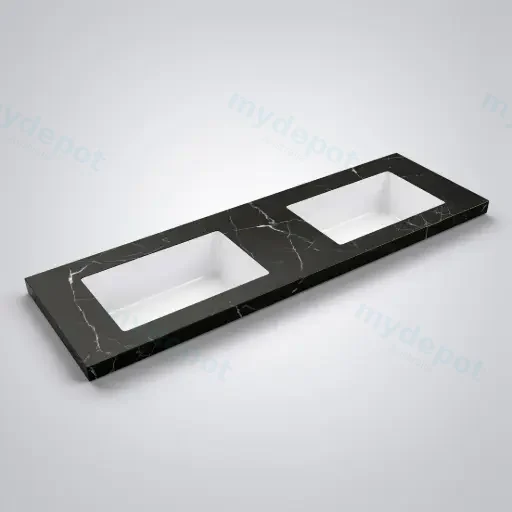 1505X465X50mm Calacatta Night Black Sintered Stone Semless Joined With Fine Ceramic Basin Stone Double Bowl
