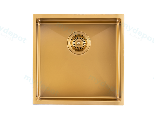 304 Stainless Steel Brushed Gold PVD Coating Single Bowl Kitchen Sink(Round Edges,with Bottom Tray)440*440*205mm