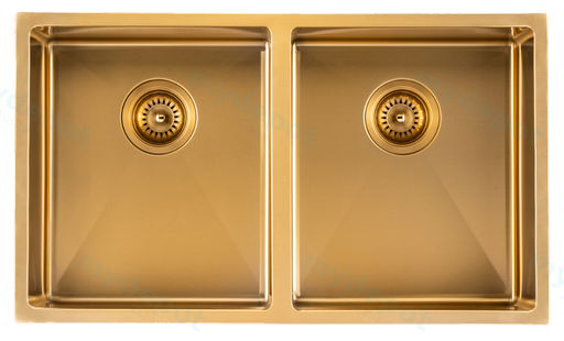 304 Stainless Steel Brushed Gold PVD Coating Double Bowl Kitchen Sink(Round Edges,with Bottom Tray)770*450*215mm