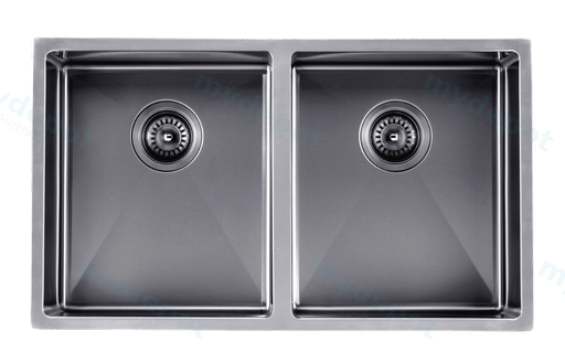 304 Stainless Steel Gun Metal Grey PVD Coating Double Bowl Kitchen Sink(Round Edges,with Bottom Tray)770*450*215mm