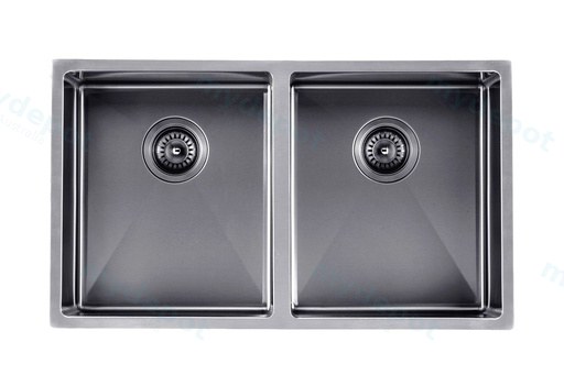 304 Stainless Steel Gun Metal Grey PVD Coating Double Bowl Kitchen Sink(Round Edges,with Bottom Tray)820*457*230mm