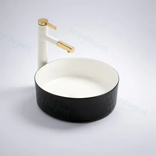 360*360*120mm Matte Black Outside,Matt White Inside Ollia Diamond Fine Ceramic Above Counter Basin No Overflow,32mm Waste