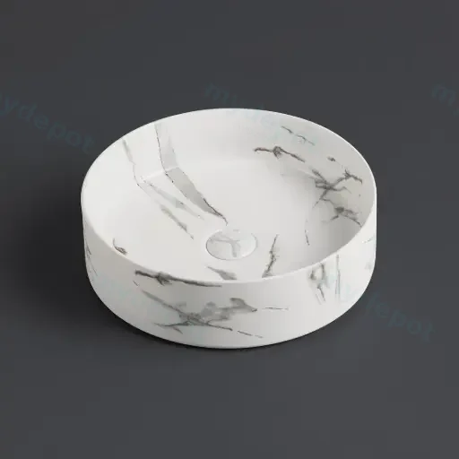 395*395*115mm Matte Carrara White And Bronze Olley Fine Ceramic Above Counter Basin No Overflow,32mm Waste