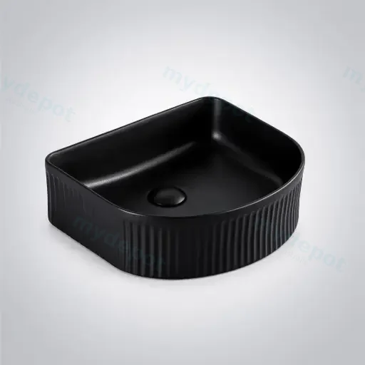400*350*130mm Matt Black Arco Flueted Fine Ceramic Above Counter Basin No Overflow 32mm Waste
