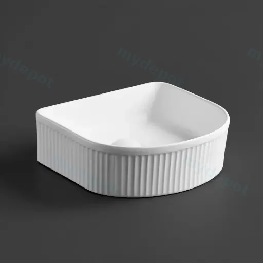 400*350*130mm Matt White Arco Flueted Fine Ceramic Above Counter Basin No Overflow 32mm Waste