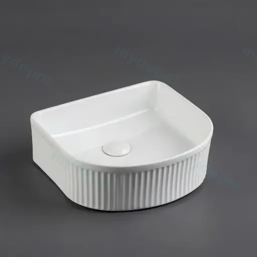 400*350*130mm Gloss White Arco Flueted Fine Ceramic Above Counter Basin No Overflow 32mm Waste