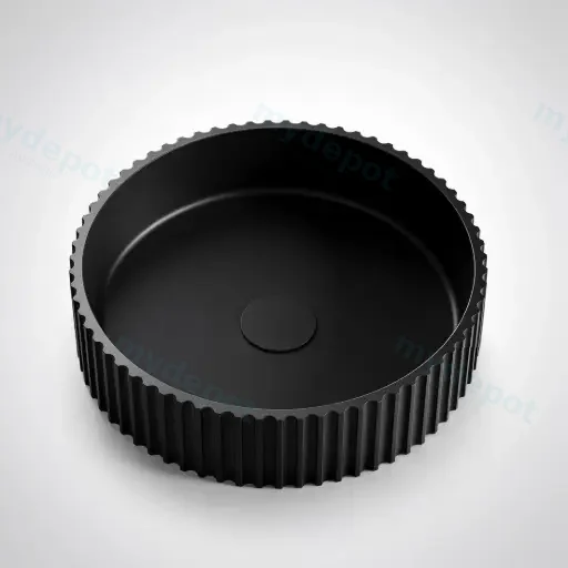 400*400*120mm Matt Black Olley Fluted Solid Surface Above Counter Basin 32mm Waste
