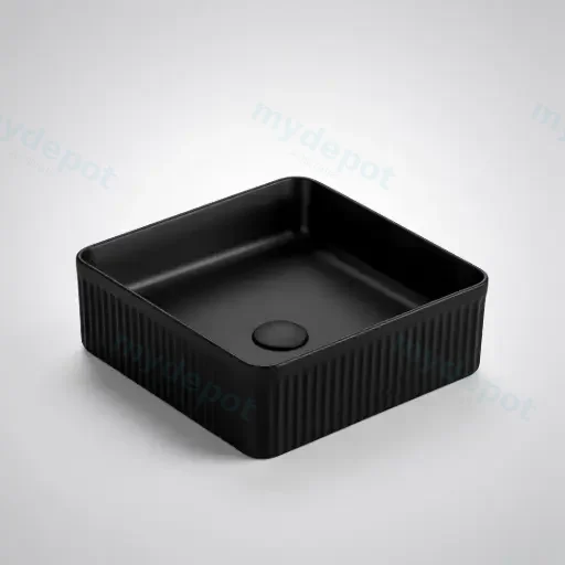 400*400*130mm Matte Black Crete Flueted Fine Ceramic Above Counter Basin No Overflow 32mm Waste