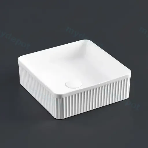 400*400*130mm Matte White Crete Flueted Fine Ceramic Above Counter Basin No Overflow 32mm Waste